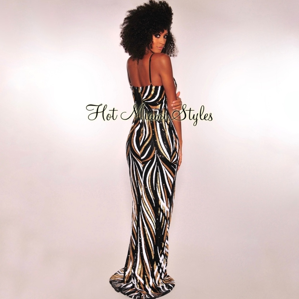 Black Gold White Sequins Padded Mermaid Gown